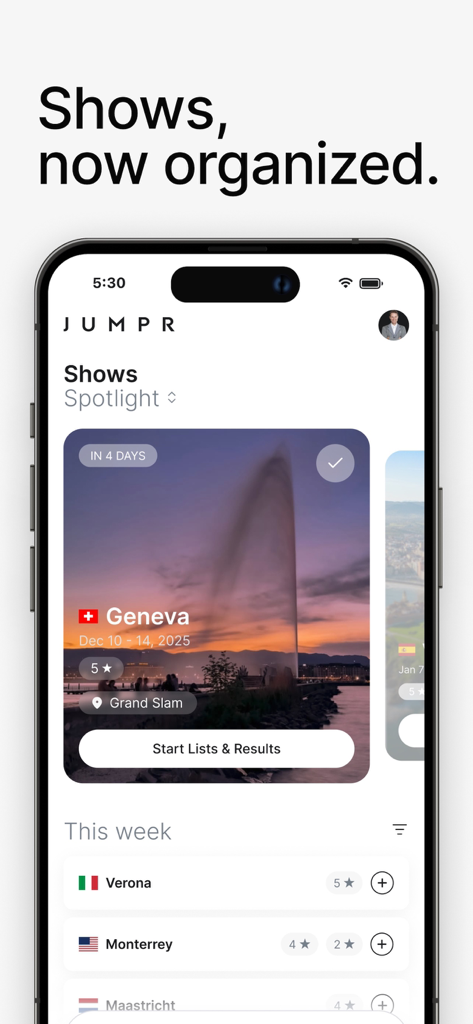 Jumpr - Jumpr mobile app interface displaying organized show jumping events and live competition results