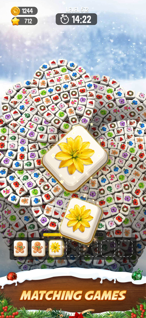 Zen Blossom: Flower Tile Match - 겨울 배경의 꽃과 휴일 테마 타일이 등장하는 Zen Blossom의 게임 플레이 스크린샷.