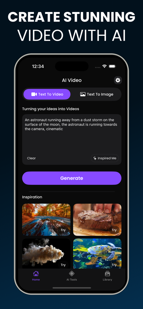 AI Video & Image Generator® - Mobile app interface for generating AI videos from text prompts with an inspiration gallery