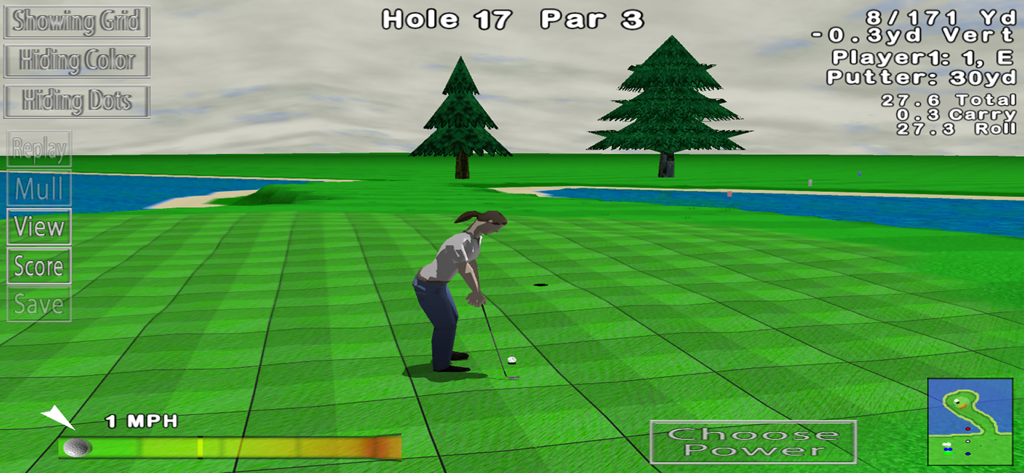 GL Golf Deluxe - 여성 골퍼가 파워 및 거리 통계를 보여주는 게임 플레이 인터페이스와 함께 3D 그린에서 퍼팅을 준비하고 있습니다.
