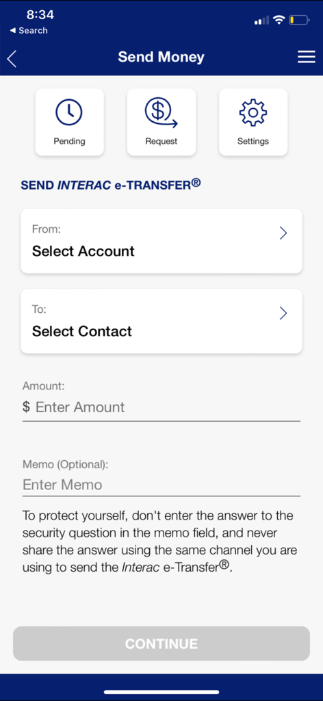 Sydney Credit Union mobile app screen for sending Interac e-Transfers