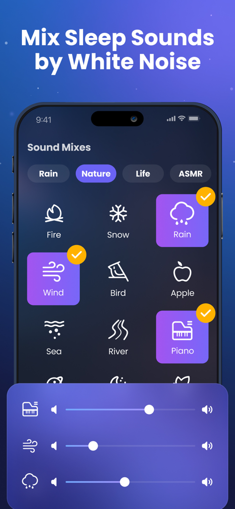 Mobile app interface for mixing sleep sounds like rain wind and piano