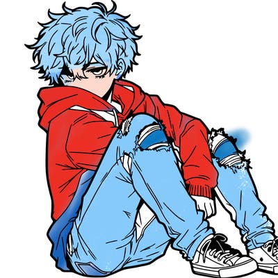 a male hoddie ripped jeans messy hair anime