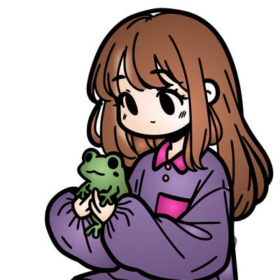 girl with long hair and a oversized shirt. and she is holding a frog