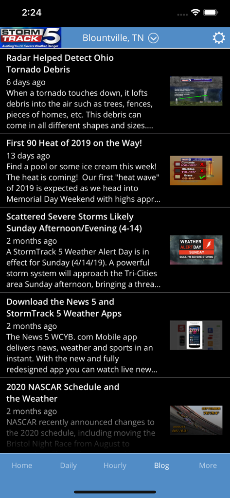 A list of local weather news articles on the StormTrack 5 app blog screen.