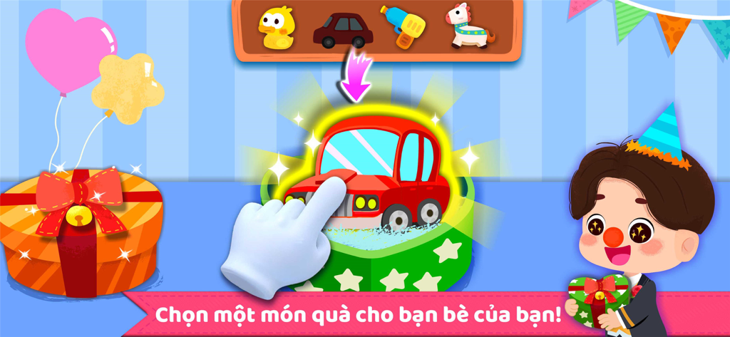 A cartoon screen showing a child selecting a toy car as a gift for a birthday party.