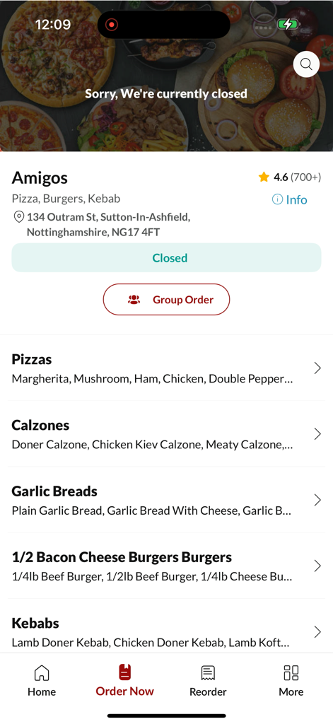 Amigos, - Amigos Food Ordering App Menübildschirm mit Kategorien für Pizza, Burger und Kebab