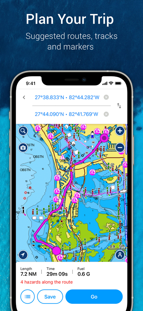 Navionics Boating app on iPhone displaying nautical charts and a planned marine route with fuel and time estimates