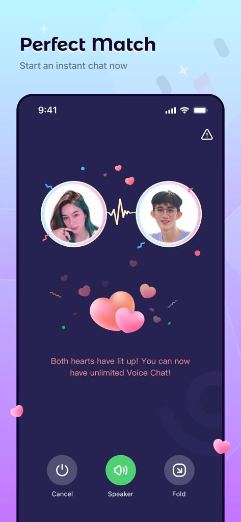 Une capture d'écran de l'application Uki montrant un écran de correspondance utilisateur réussie avec deux photos de profil et une notification de chat vocal illimité.