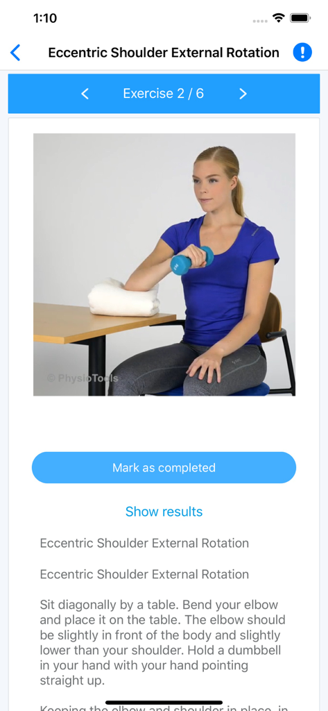 Physiotools Trainer - Pantalla de la aplicación Physiotools Trainer que muestra una demostración en video de ejercicios de hombro e instrucciones escritas