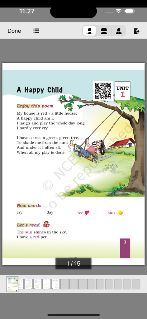 Digital version of a primary school NCERT textbook page showing a children poem in the app interface