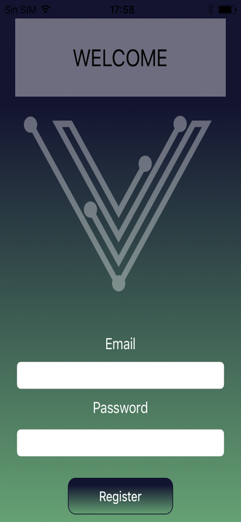 Valkyria Trainer 6.0 - Pantalla de bienvenida e inicio de sesión de la aplicación Valkyria Trainer 6.0 que muestra los campos de entrada de correo electrónico y contraseña y un botón de registro