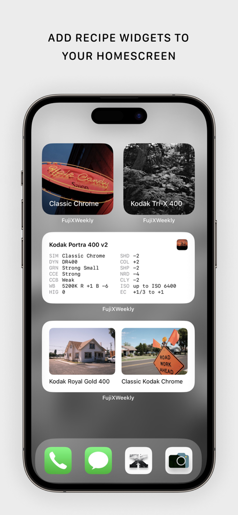 다양한 후지 X 주간 필름 레시피 위젯과 카메라 설정을 표시하는 아이폰 홈 화면