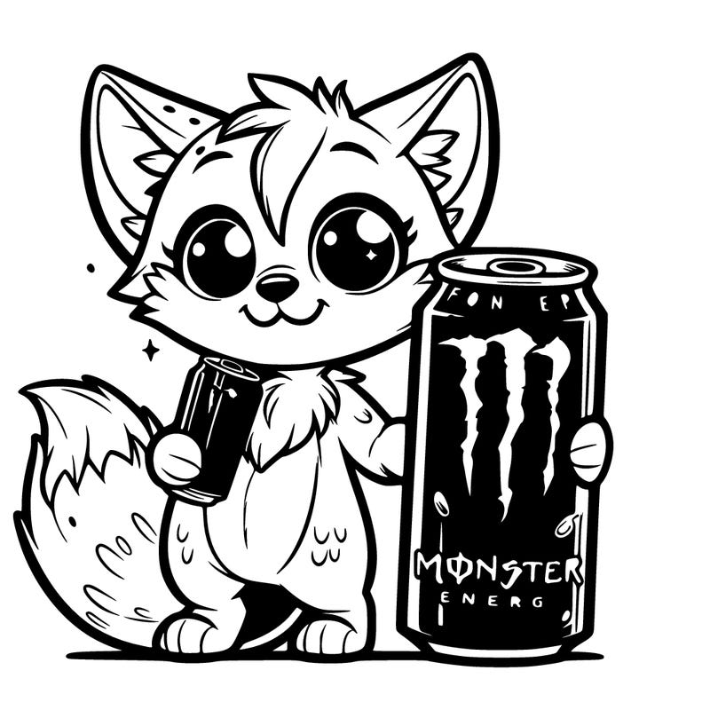 a cute fox holding monster energy drink