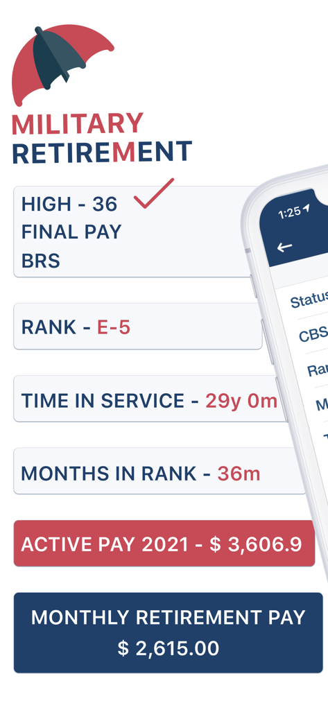 App interface for calculating military retirement pay with estimates for rank E-5 and 29 years of service