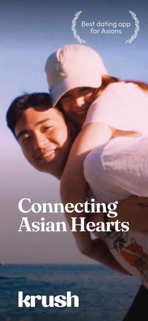 A happy young Asian couple on a beach with the slogan Connecting Asian Hearts and the Krush logo