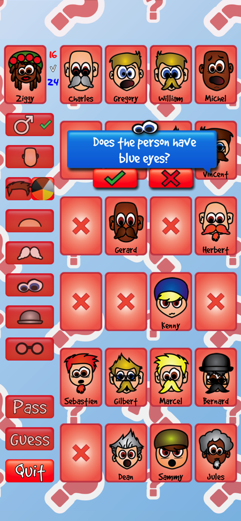 Pantalla de juego de ¿Adivina la Persona? mostrando tarjetas de personajes y una pregunta de deducción sobre ojos azules