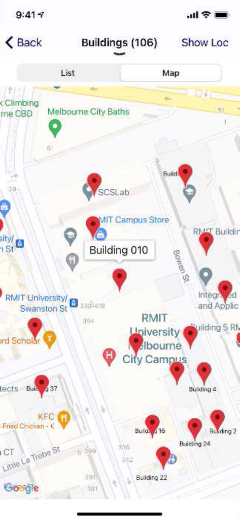 RMIT app - Interactive campus map in the RMIT app showing building locations with red pins