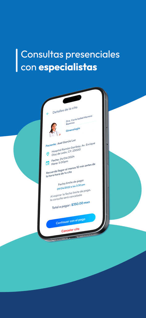 Meddi - A smartphone displaying the Meddi app screen for in-person specialist appointment details and payment options