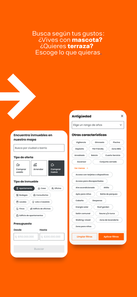 Metrocuadrado - Metrocuadrado mobile app interface showing property search filters for real estate in Colombia