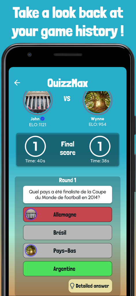 QuizzMax -The Multiplayer Quiz - QuizzMax App-Screenshot, der die Spielhistorie und die Ergebnisse der Quizrunden zeigt.
