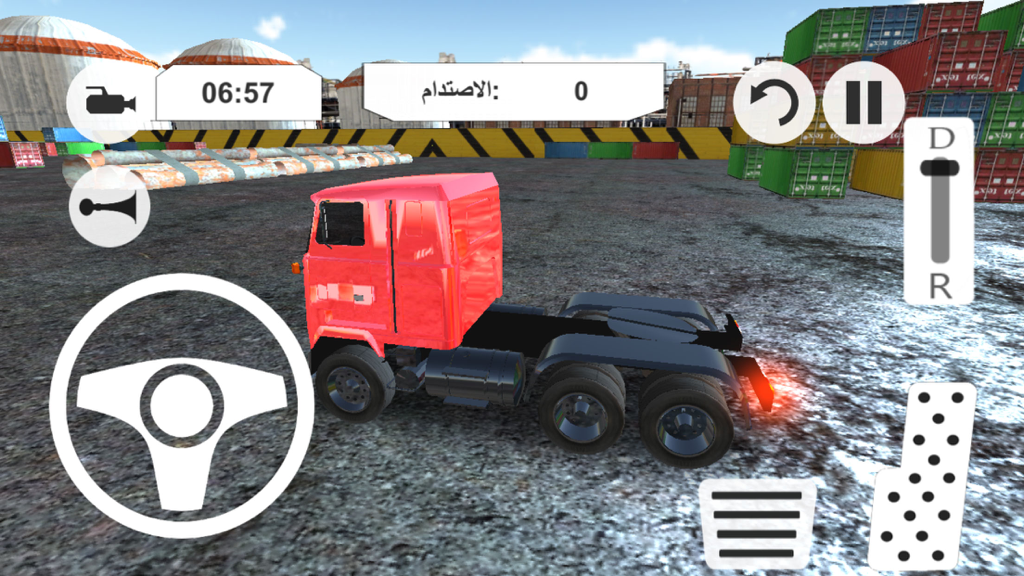 Gameplay of a truck parking simulator showing a red truck and mobile controls