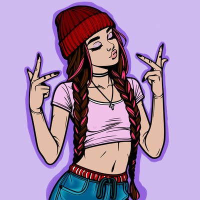realistic teenage girl with braids and a beanie and crop top doing 🫶🏼