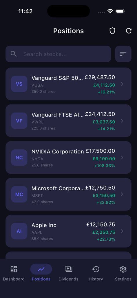 212 Portfolio - Positionsbildschirm in der 212 Portfolio-App, der Aktienanlagen und -gewinne anzeigt