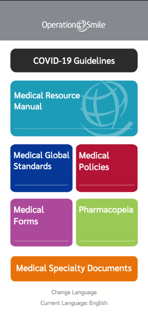 Operation Smile app home screen displaying medical resource categories including global standards and policies