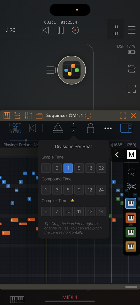 Menú de Divisiones por Pulso en la aplicación de secuenciador MIDI Sequincer