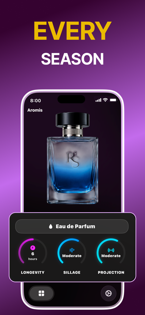 Pantalla de smartphone que muestra la aplicación Aromis con detalles de longevidad, sillage y proyección de fragancia para una botella de perfume.