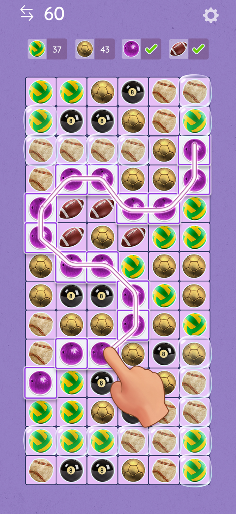 Tile Link - Match & Connect - A hand connecting a chain of purple bowling ball tiles in the Tile Link puzzle game