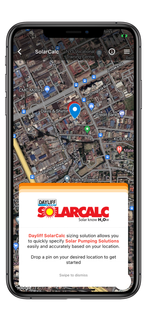 D&S FLO app SolarCalc interface showing map location selection for solar pumping solutions