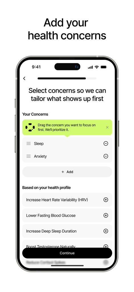 Qi: Health Solved Together - Qi Health app onboarding screen for selecting and prioritizing personalized health concerns like sleep and anxiety.