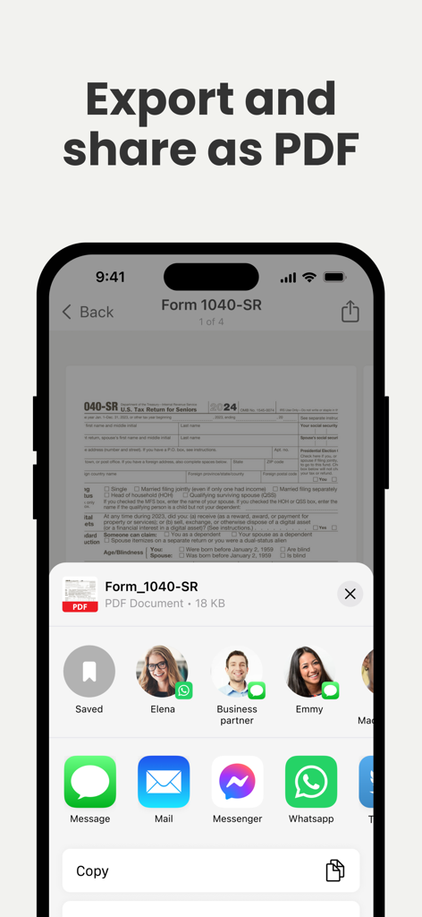 完了した税務フォームPDFの共有メニューを示すiPhone画面