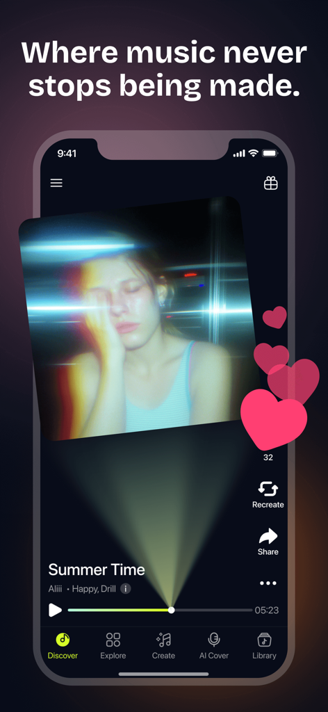 MelodyCraft app Discover screen showing an AI generated song titled Summer Time with a grainy artistic cover photo.