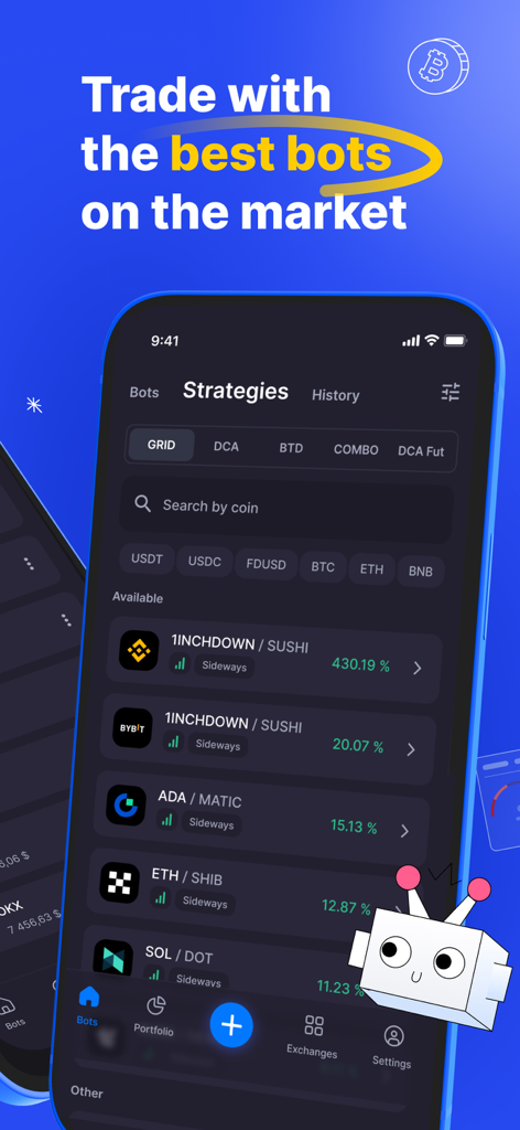 Bitsgap: Crypto Trading Bots - The Bitsgap mobile app interface displaying various automated crypto trading bot strategies and their performance percentages