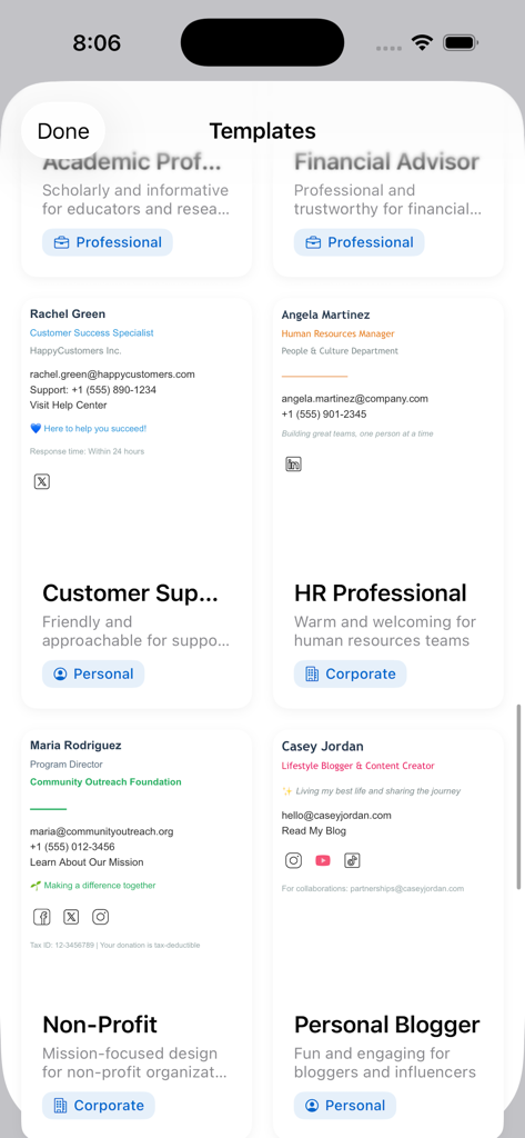 Une galerie de modèles de signature d'e-mail professionnels pour diverses industries, y compris les RH, les organisations à but non lucratif et la marque personnelle.
