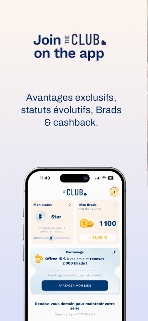 The Bradery - Private Sales - ロイヤリティプログラムと報酬ポイントを示すThe Braderyアプリインターフェース