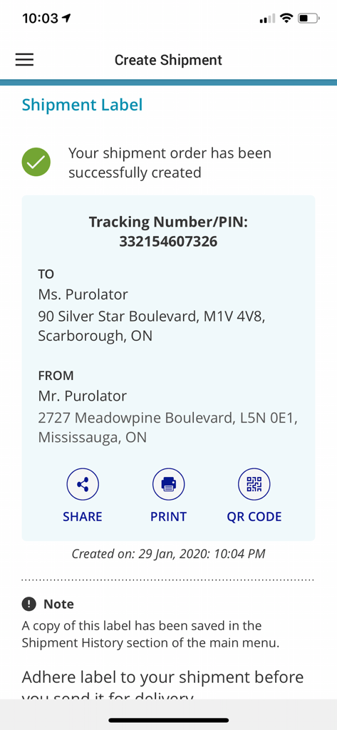 Purolator - Purolator app screen showing a successfully created shipment label with tracking number and QR code options