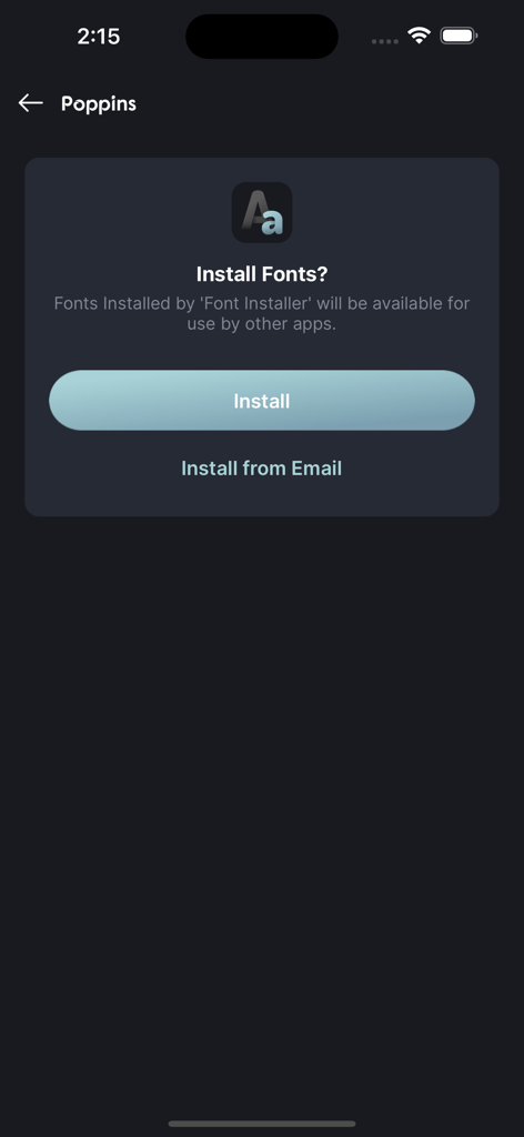 Écran de l'iPhone affichant une boîte de dialogue pour installer des polices à utiliser dans d'autres applications mobiles