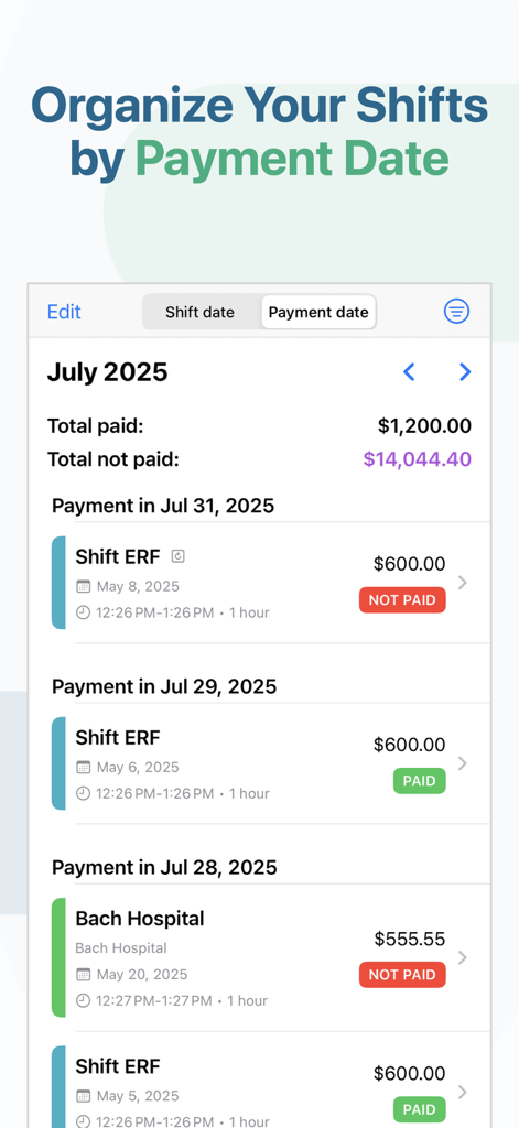 Pantalla de la aplicación Little Shift que muestra turnos organizados por fecha de pago con etiquetas de ganancias y estado de pago