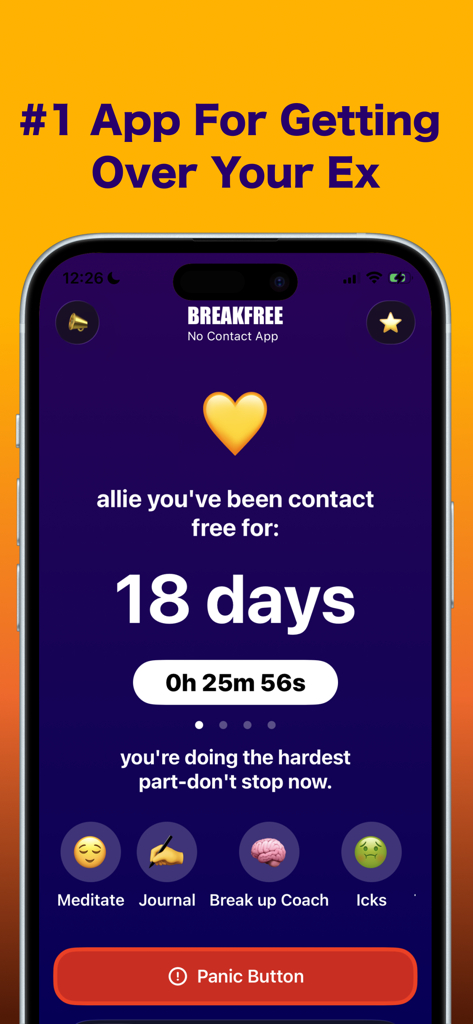 BREAKFREE: No Contact Tracker - BREAKFREE app dashboard showing an 18-day no contact streak and emotional wellness tools like a journal and panic button