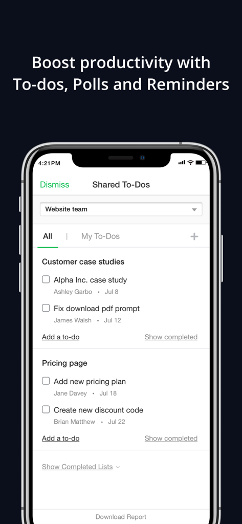 Flock: Team Communication App - Flock mobile app interface showing the shared to-dos feature with a list of team tasks