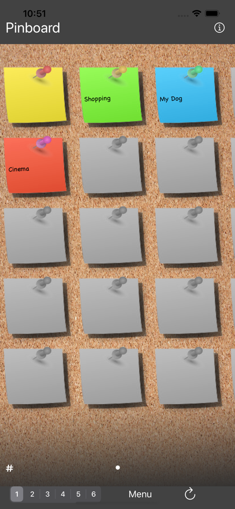 Digital corkboard with colorful sticky notes and pins for visual organization