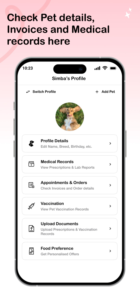 Smartphone screen showing the Vetic app pet profile page for a dog with menu options for medical records, vaccinations, and orders.