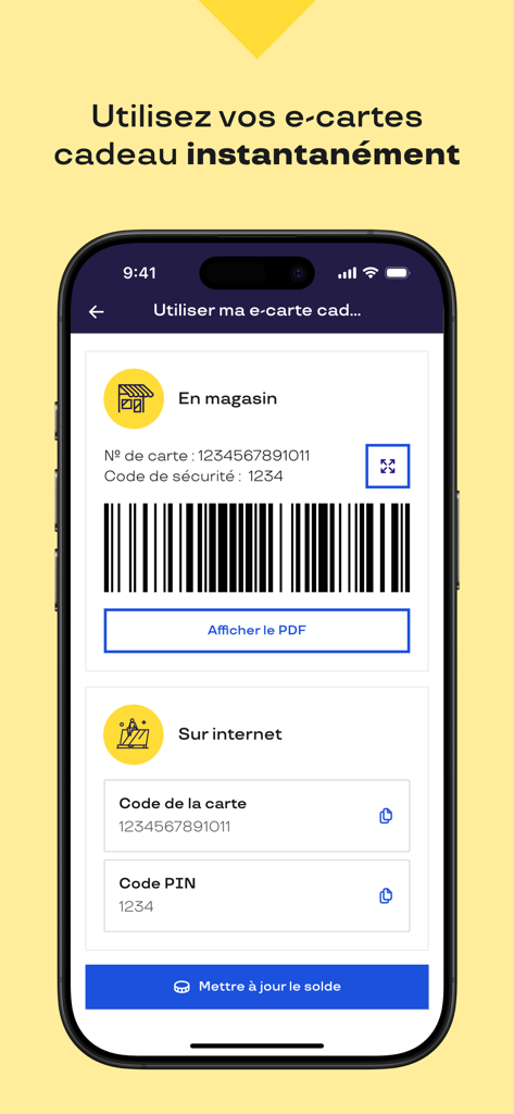 Pluxee Cadeaux - Interface of the Pluxee Cadeaux app showing a digital gift card with a barcode for in-store use and codes for online shopping.