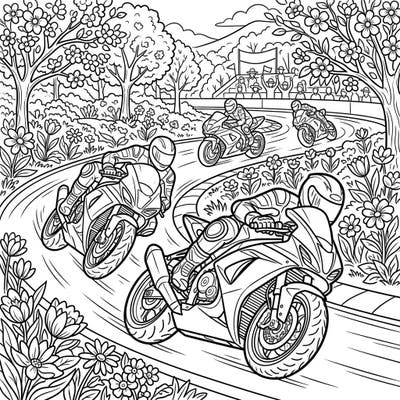 Get ready for an adrenaline rush with this unique coloring page featuring superbike riders speeding through a beautiful spring landscape. Enjoy the vibrant contrast of high-octane racing against blooming flowers and fresh greenery.