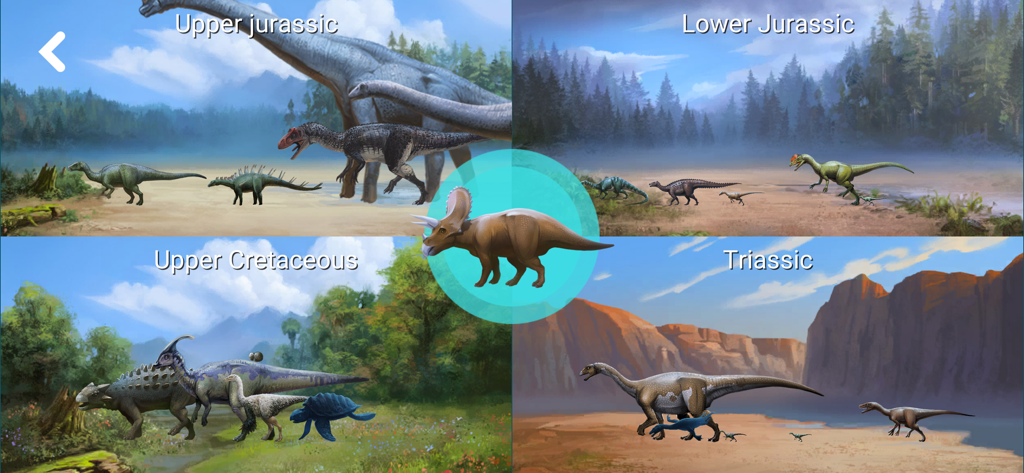 Dinosaur Master! - A menu showing different prehistoric time periods including Jurassic Cretaceous and Triassic with various dinosaur illustrations