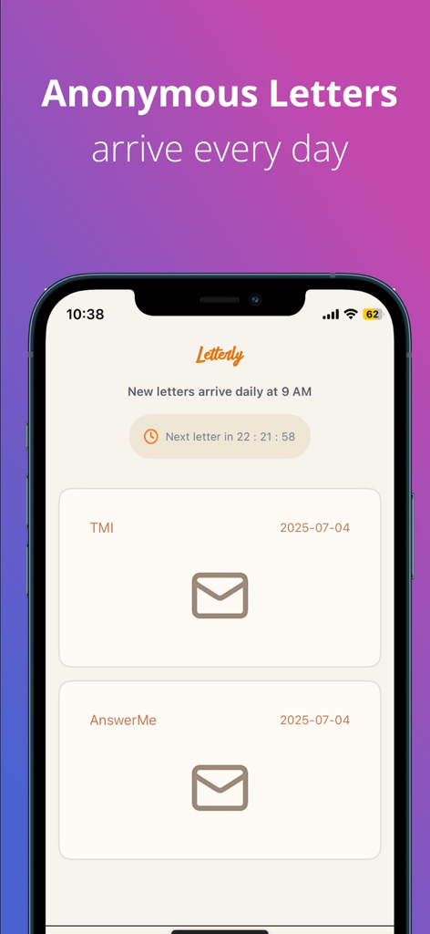 Letterly - Anonymous Letters - Letterly app interface displaying daily anonymous letters and a delivery countdown timer.
